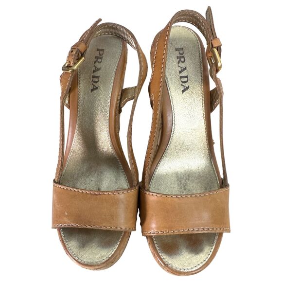 Prada Cork Platform Chunky Heel Brown Leather Studded Heels EU 36.5 US 6.5 -READ - Picture 10 of 13